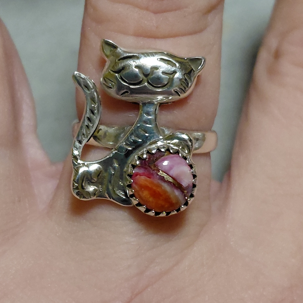 Pink Dahlia Sterling Silver Cat Ring - Picture 3 of 10